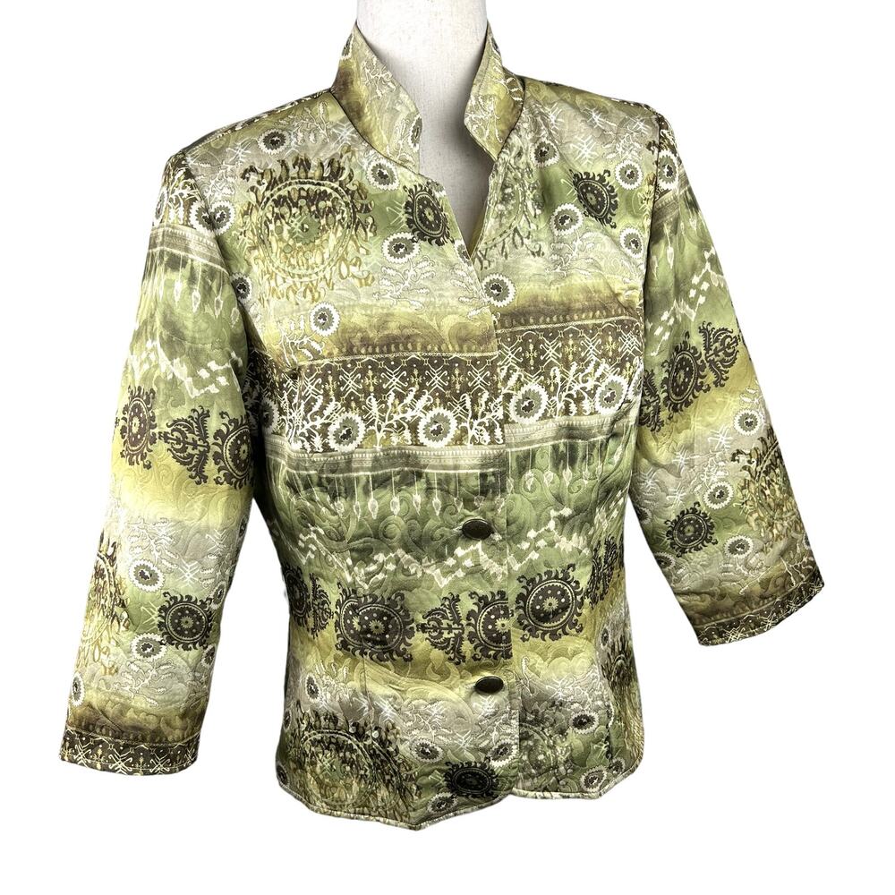 Vintage DJ & Co Green Patterned Jacket Mandarin Collar Two Button Size 10